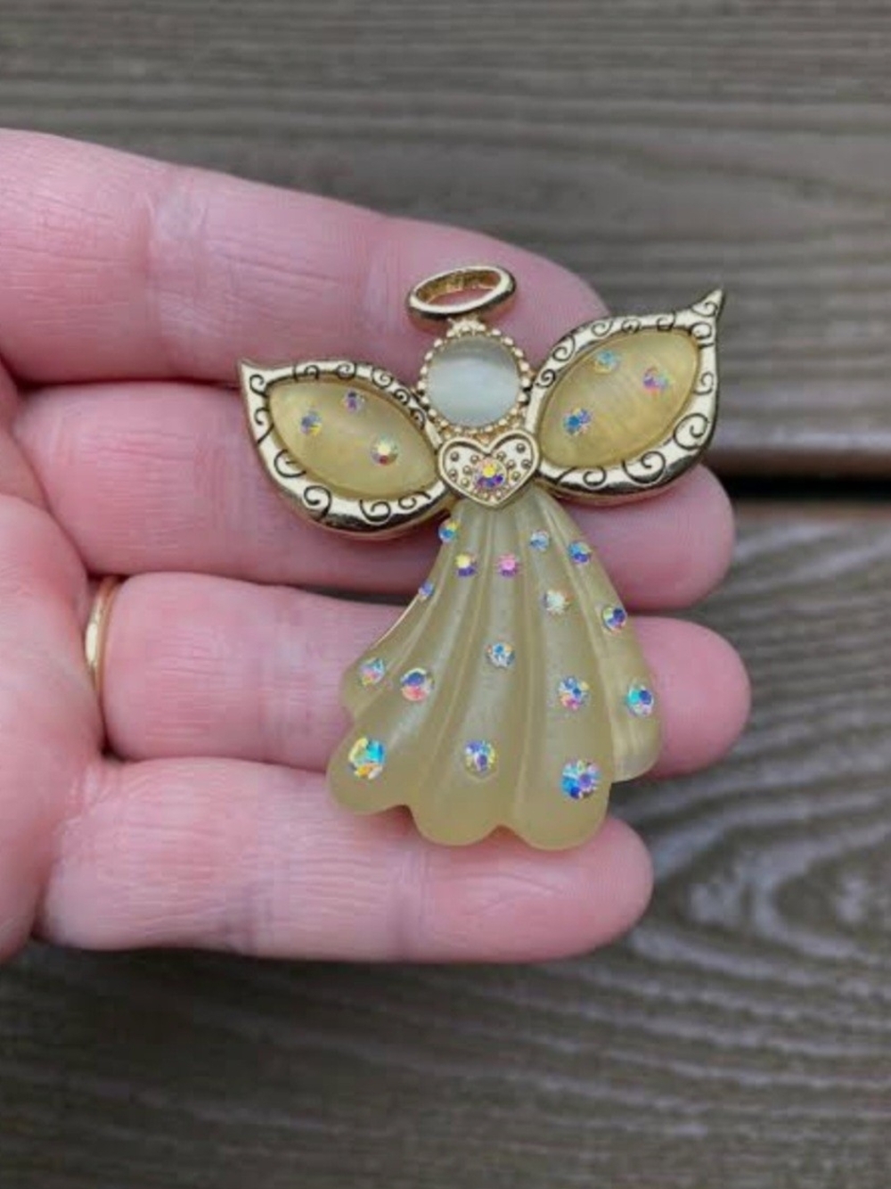 Gold-Tone Yellow Angel Pendant Brooch with Aurora Rhinestones